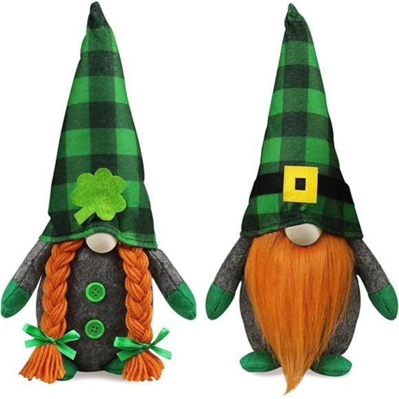 St.Patrick's Day Gnome Plush Elf Decorations - Mr and Mrs Green Buffalo Check - Picture 8 of 8